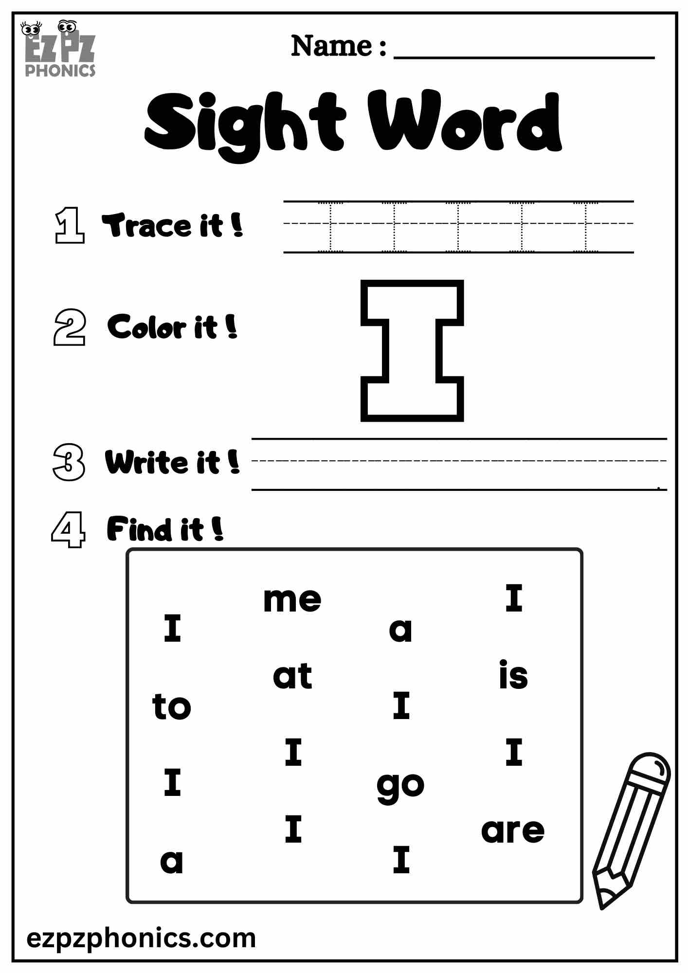 The "I" Sight Word Worksheet for Pre-Kindergarten Students Dolch Sight Words Free PDF Download